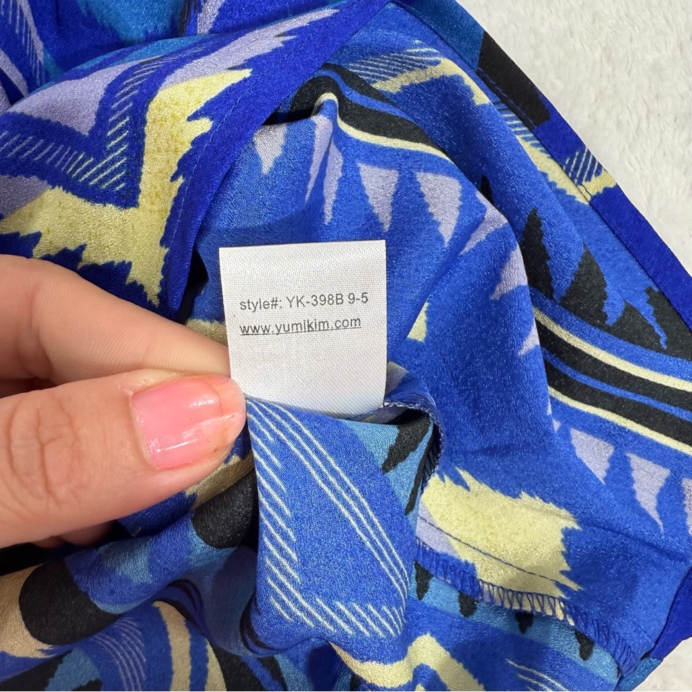 Yumi Kim Blue 9 to 5 Geometric Aztec Belted Faux Wrap Dress Tulip Womens Size LG - Picture 10 of 13